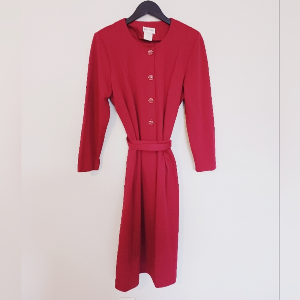Vintage 80s 90s Pink Purple Gold Button Up Shirt Dress Belted Long Sleeve Knit